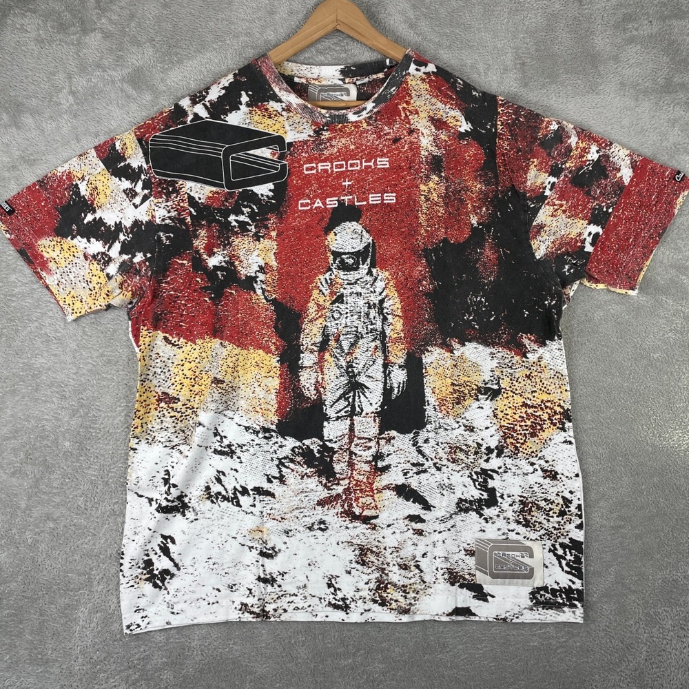 Vintage Crooks & Castles Shirt Mens 2XL White All Over Print Astronaut Y2K Tee